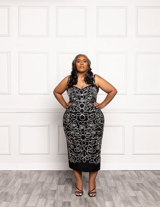 Black Embroidered Midi Dress - Plus