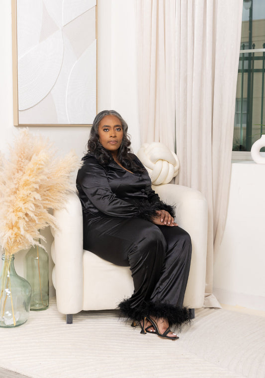 Feather Trim 2 Piece Set in Black