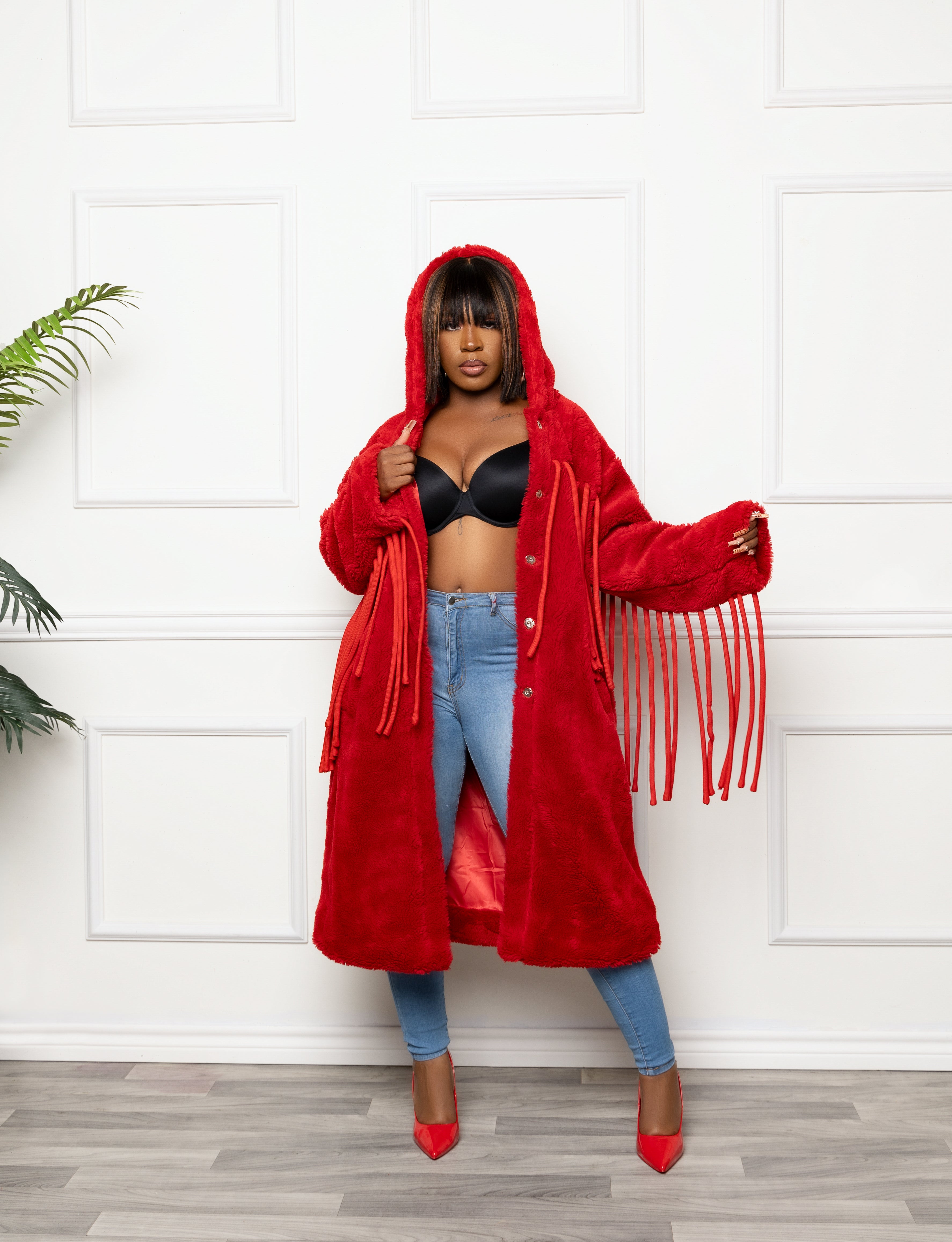 Red Fringe Hooded Coat – DelanaeBoutique