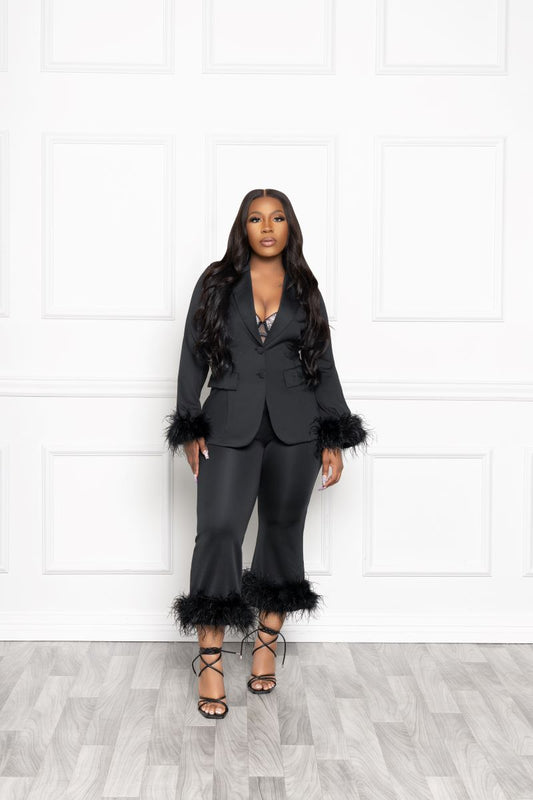 Feather Trim Suit In Black