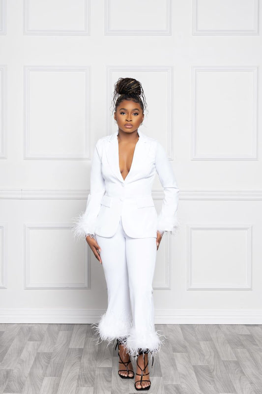 Feather Trim Suit In White