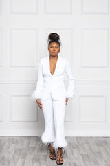 Feather Trim Suit In White
