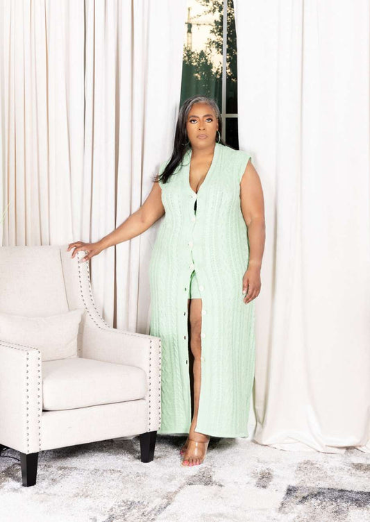 Sage Green Long Sweater and Short Set