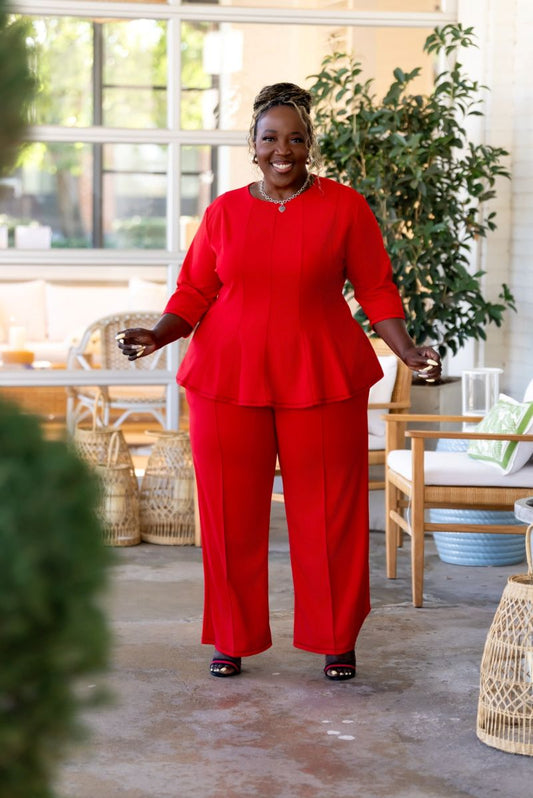 Imogene Peplum Pants Set in Red