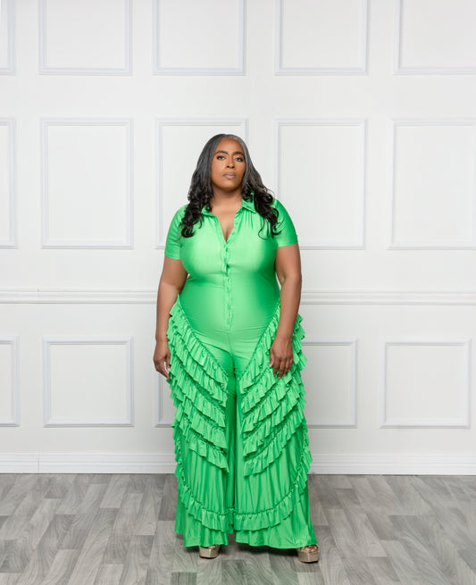 All I Ask Ruffle Tiered Jumpsuit In Green